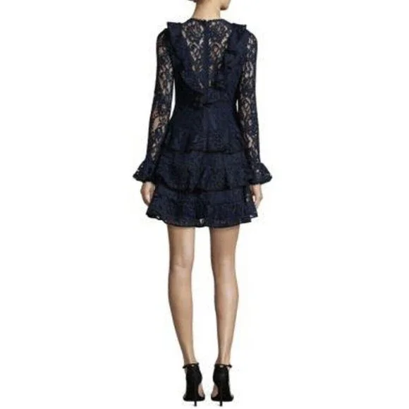Alexis Tracie Long Sleeve Tiered Ruffled Lace Mini Dress In Navy Size S